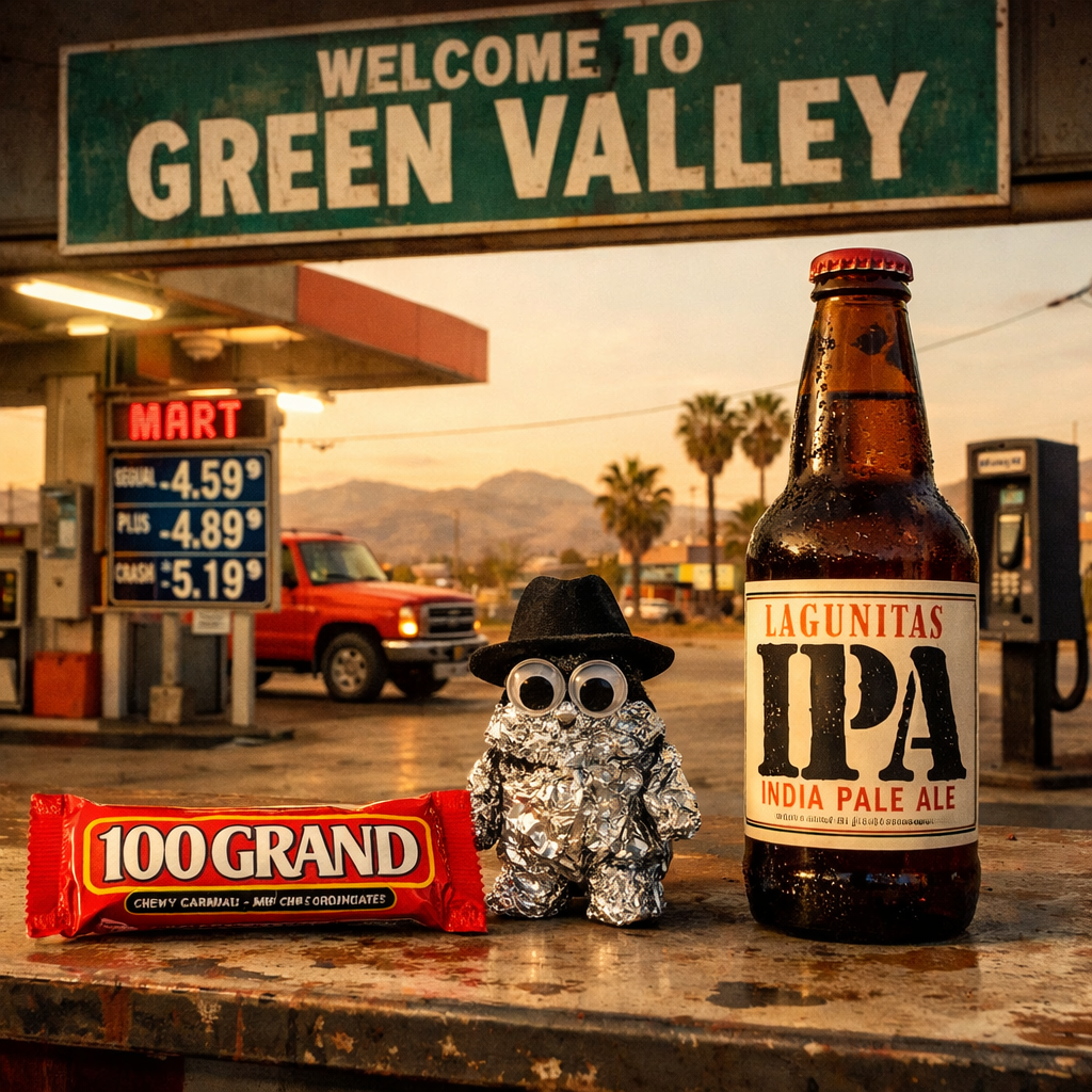 A crinkled tinfoil agent with a fedora, between a 100 Grand bar and a Lagunitas IPA at a Green Valley gas station